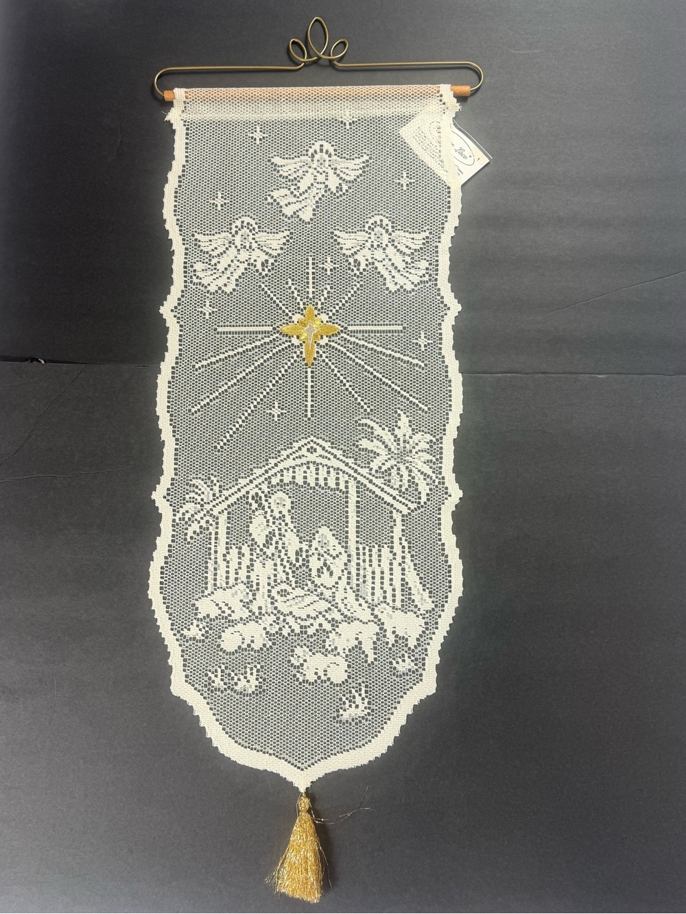 Heritage Lace Wall Hanging Nativity With Gold Star Ecru Gold Hanger